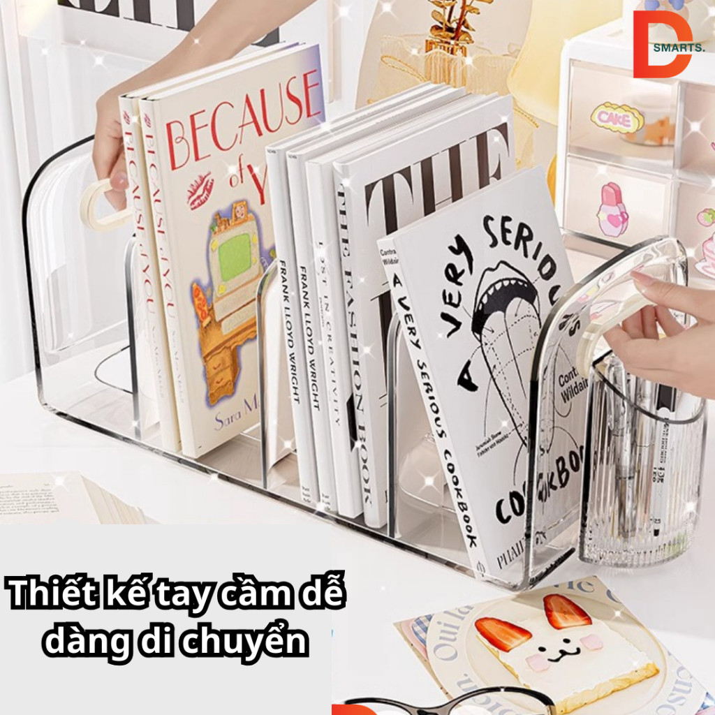 Kệ đựng sách để bàn trong suốt nhiều ngăn chất liệu Acrylic dày dặn, cao cấp có tay cầm