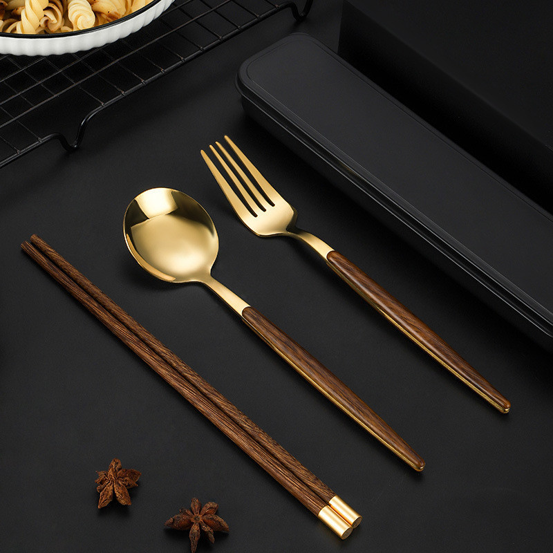 3 / 4 Chiếc Thép Không Gỉ Di Động Bộ Đồ Ăn Phù Hợp Với Giả Hạt Gỗ Spork Đũa Hộp Bảo Quản Bộ Muỗng Bồ Đào Nha Nĩa Đũa Inox Nĩa Thìa Đũa Phù Hợp Với