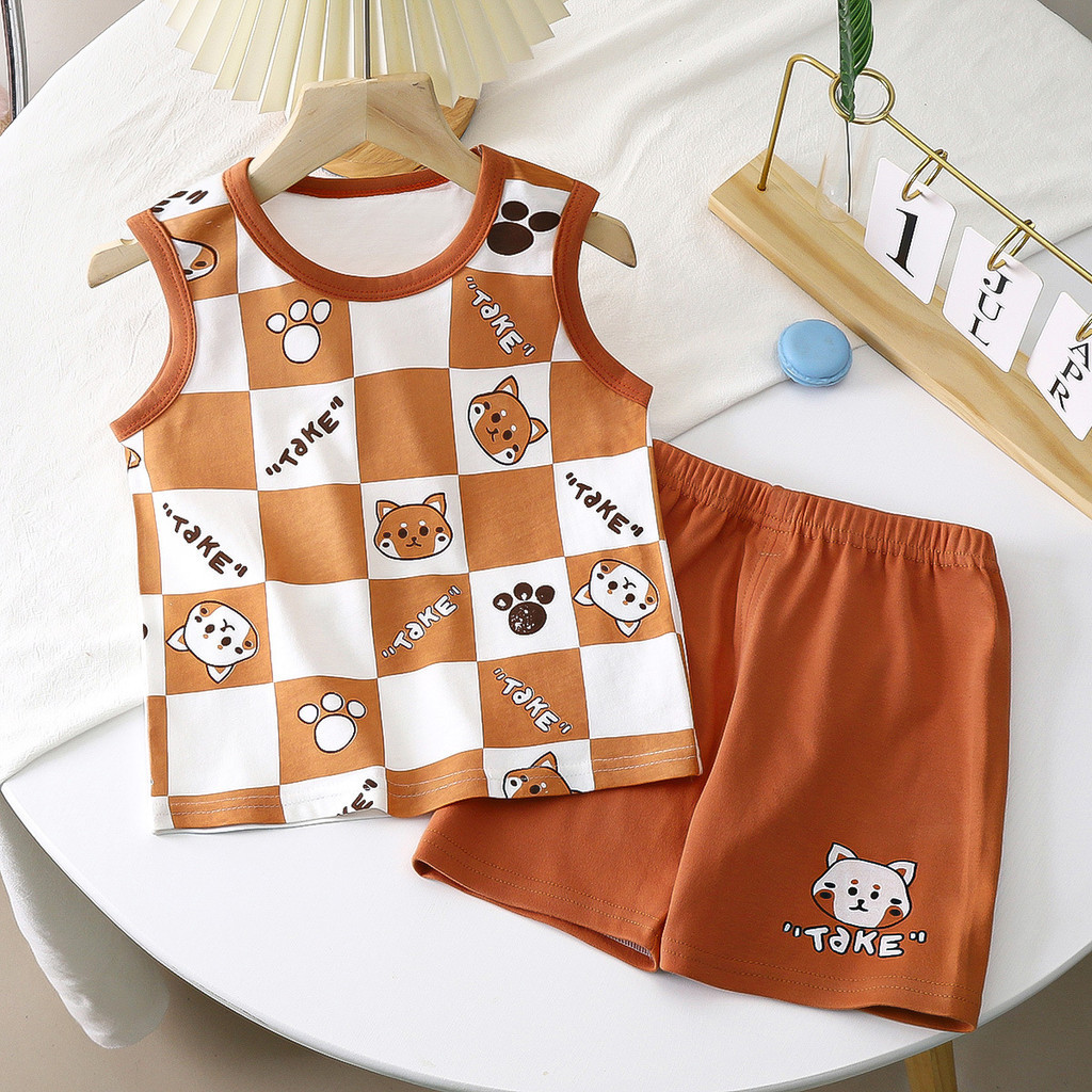 Bộ áo Vest trẻ em Cotton nguyên chất mùa hè Phong cách mới Quần áo bé trai bé gái 8VBY