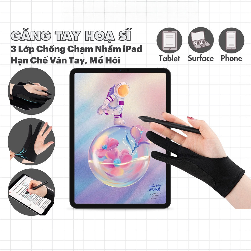 [Chống chạm nhầm] Găng tay hoạ sĩ bản đặc biệt 3 lớp hỗ trợ vẽ trên trên điện thoại, máy tính bảng, wacom