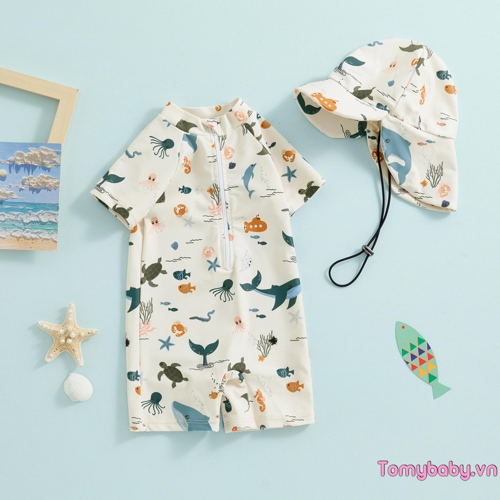 Đồ Bơi Bé Trai Chống Nắng Tay Ngắn Cổ Tròn In Hình Động Vật Dây Kéo Đồ Bơi + Mũ