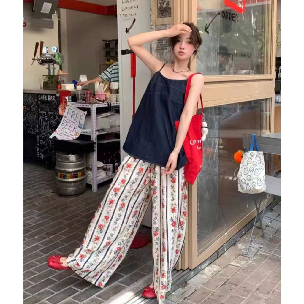 Hoa Hồng Rộng Quần Nữ 2024 Phong Cách Mới Mùa Hè Mỏng Phong Cách Cao Cấp Drap Tất Cả Trận Đấu Rời Sọc Retro Quần Thường Ngày