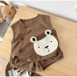 Bộ Trang Phục Bé Không Tay In Hình Gấu Nâu Trắng, Cổ Tròn, Quần Short