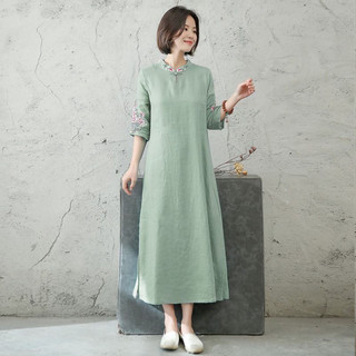 1401 Lần Mua Lại Văn Học Retro Phong Cách Dân Tộc Hàng Đầu Nữ Thêu Hoa Đầm Khóa Đứng Cổ Áo Năm Điểm Tay Áo Quần Áo Nữ 25.3.3