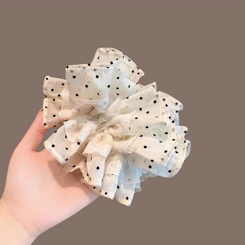 Mauropoli [Sẵn sàng] Dây buộc tóc xếp li chấm bi sang trọng Hàn Quốc Thời trang văn học Cảm giác ren Trim Đuôi ngựa Đầu bóng Phụ kiện tóc