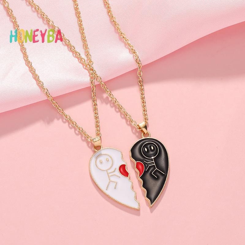 < Honeyba > Vòng cổ cặp đôi trái tim tình yêu Thời trang chắp vá Trái tim Người bạn thân nhất Mặt dây chuyền BFF
