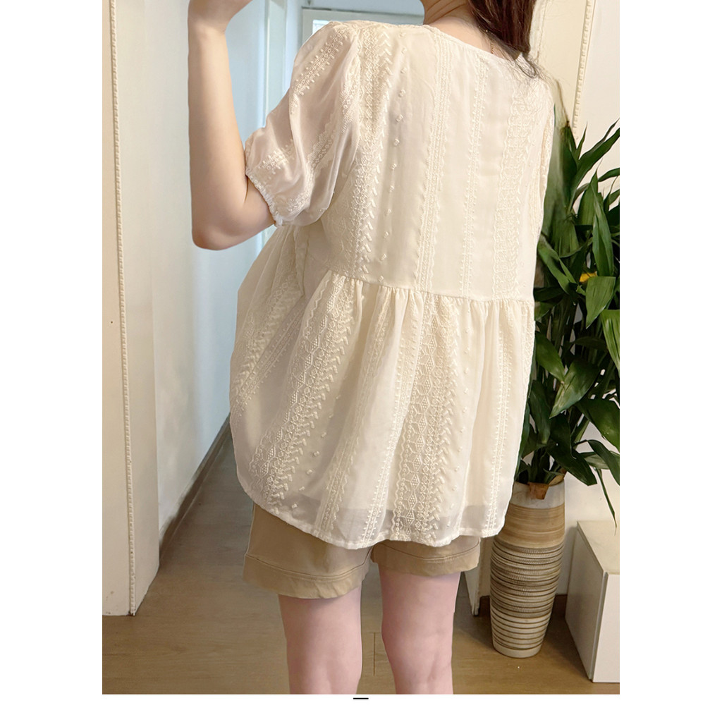 Bộ đồ bà bầu Áo sơ mi ren cổ chữ V ngắn tay mùa hè + Quần Short nâng bụng eo cao Bộ đồ hai mảnh
