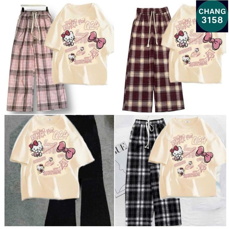 Tổng Hợp Các Sét Quần Ống Rộng + Mix Áo Phông Hình Mèo HÊ LÔ KÍT TI form rộng - Hình Mèo Màu BE-CHANG 3158