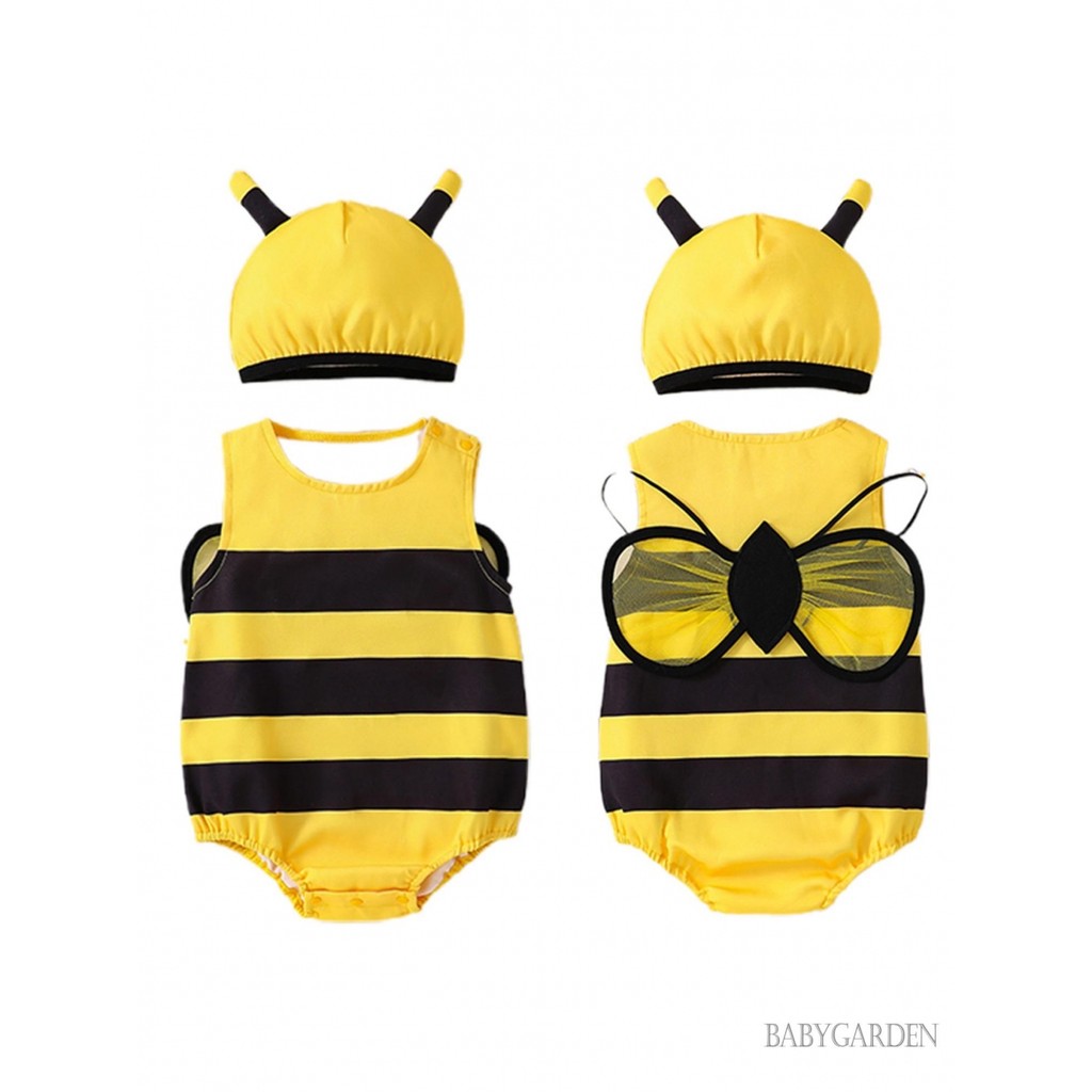 / / -Baby Girls Bee Trang phục sọc cổ tròn không tay áo liền quần + Mũ + Cánh