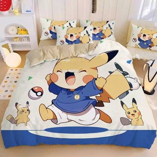 G13 Pokemon Pikachu Psyduck 4IN1 Ga trải giường Vỏ chăn gối Bộ chăn ga gối Bộ đồ giường Phòng ngủ gia đình Bộ đồ có thể giặt được G13