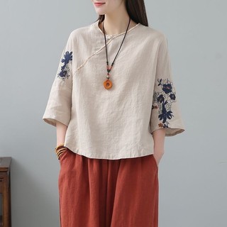 24.4.12 Tencel Cotton Linen Top Nữ Thời Trang Thêu Ngắn Cao Cấp Văn Học Nữ Phong Cách Trung Hoa Retro