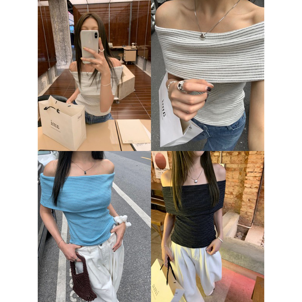 Suxi Gợi Cảm Tắt Vai Thời Trang Crop Top Đơn Giản Retro Sọc Áo Thun Nữ Tay Ngắn 240416