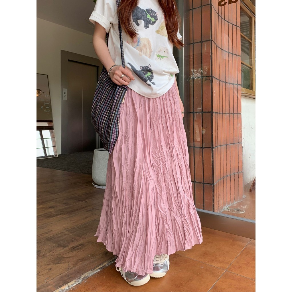 Suxi Thời Trang Mới Váy Maxi Mùa Hè Phong Cách Hàn Quốc Xếp Ly Nữ Midi Dài Váy Chữ A 240421