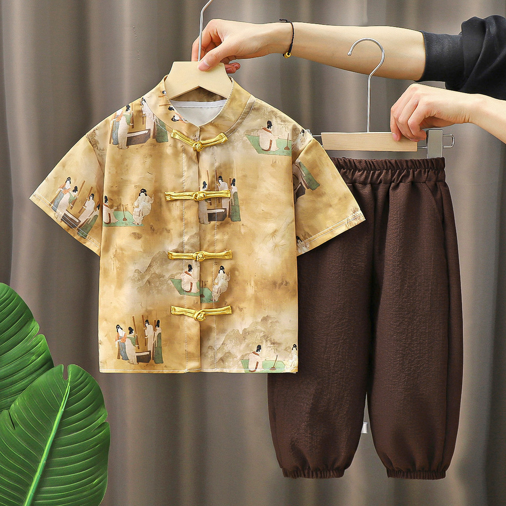 Bé Trai Phong Cách Trung Hoa Phù Hợp Với Mùa Hè Phong Cách Mới Thời Trang Hanfu Mùa Hè Tay Ngắn Quần Crop Mới Phong Cách Trung Hoa Khóa Đường Phù Hợp Với 90-150 Kích Thước RFAG