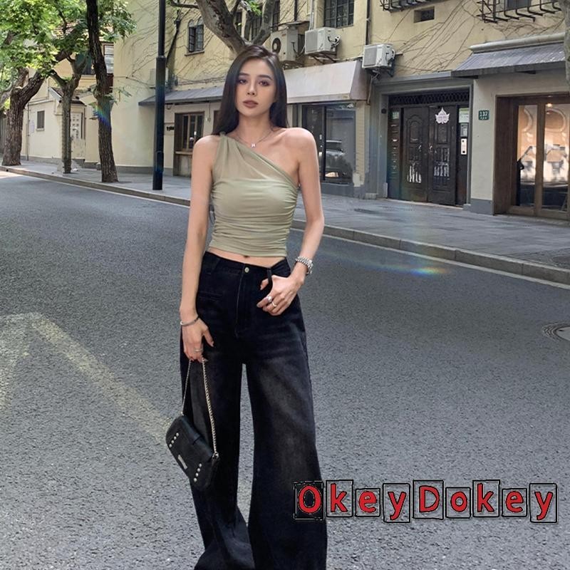 Okdk-womens Một Vai Lưới Ruched Dây Đeo Xoắn Backless Slim Fit Áo Phông Crop