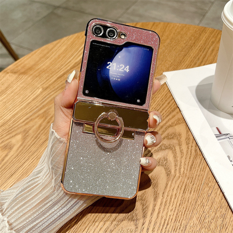 Sang Trọng Gấp Lấp Lánh Trơn Vỏ Samsung Galaxy Z Flip 6 Flip 5 Flip 4 Flip 3 5G Dành Cho Samsung Galaxy Z Flip 6 5 4 3 Bản Lề Vòng Giá Đỡ Vỏ Bảo Vệ