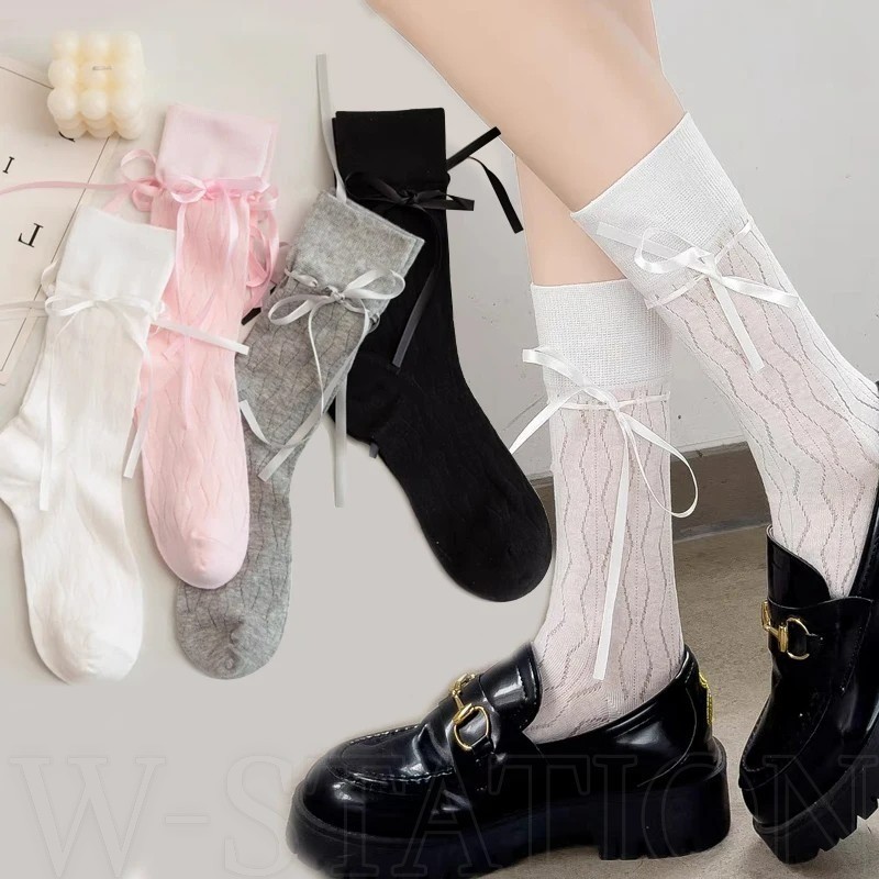 Tất ruy băng nơ phong cách múa ba lê nữ - Mềm mại thoải mái thoáng khí - Tất ống giữa lưới rỗng cho bé gái - Dễ thương ngọt ngào Nhật Bản - Tất dài JK Lolita - Tất thường ngày
