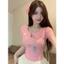 Mùa Hè Nguyên Chất Desire Phong Cách Nơ Xốp In Vai Tay Ngắn Ôm Ôm Hơn Nhìn Ngắn Ngọt Cay Nhỏ Áo Thun Nữ V250220239