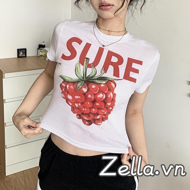 Áo thun nữ mùa hè Y2K Áo Crop top cổ tròn tay ngắn in hình trái cây
