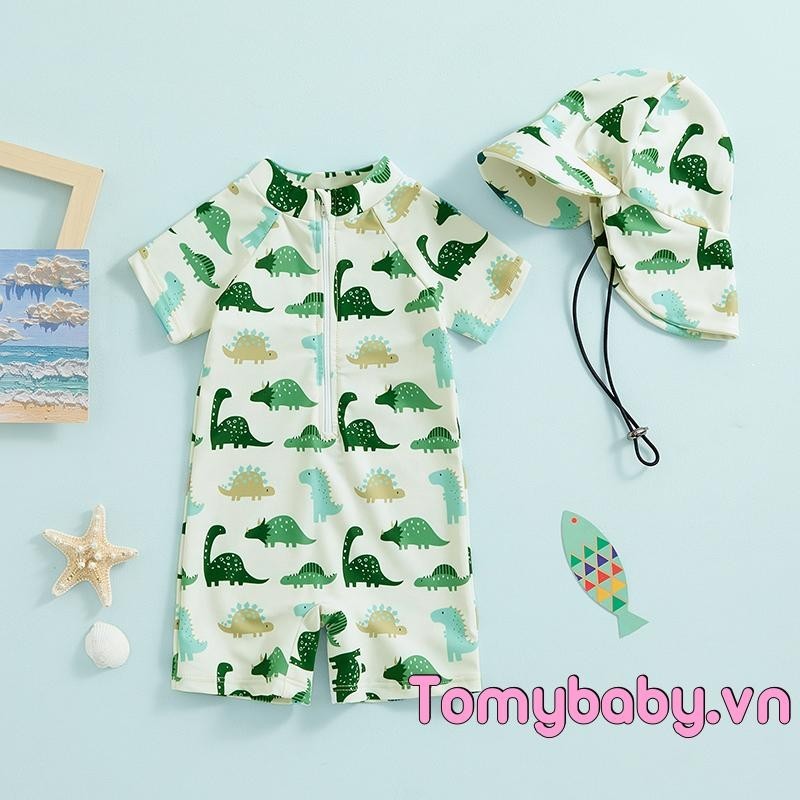 Đồ Bơi Bé Trai Chống Nắng Tay Ngắn Cổ Tròn In Hình Động Vật Dây Kéo Đồ Bơi + Mũ