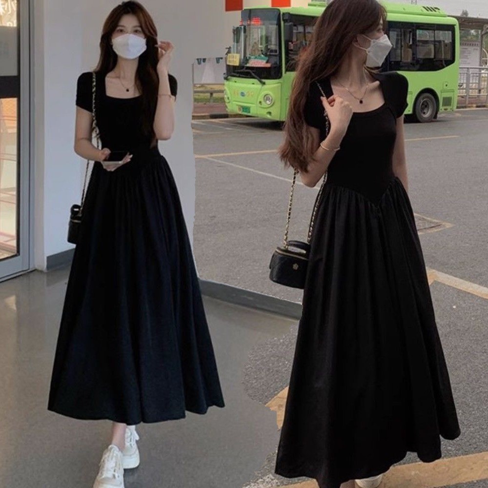 Váy đầm maxi nữ cộc tay cổ vuông dáng dài xòe nhún eo phong cách tỷ tỷ xu hướng Hàn Quốc SP166