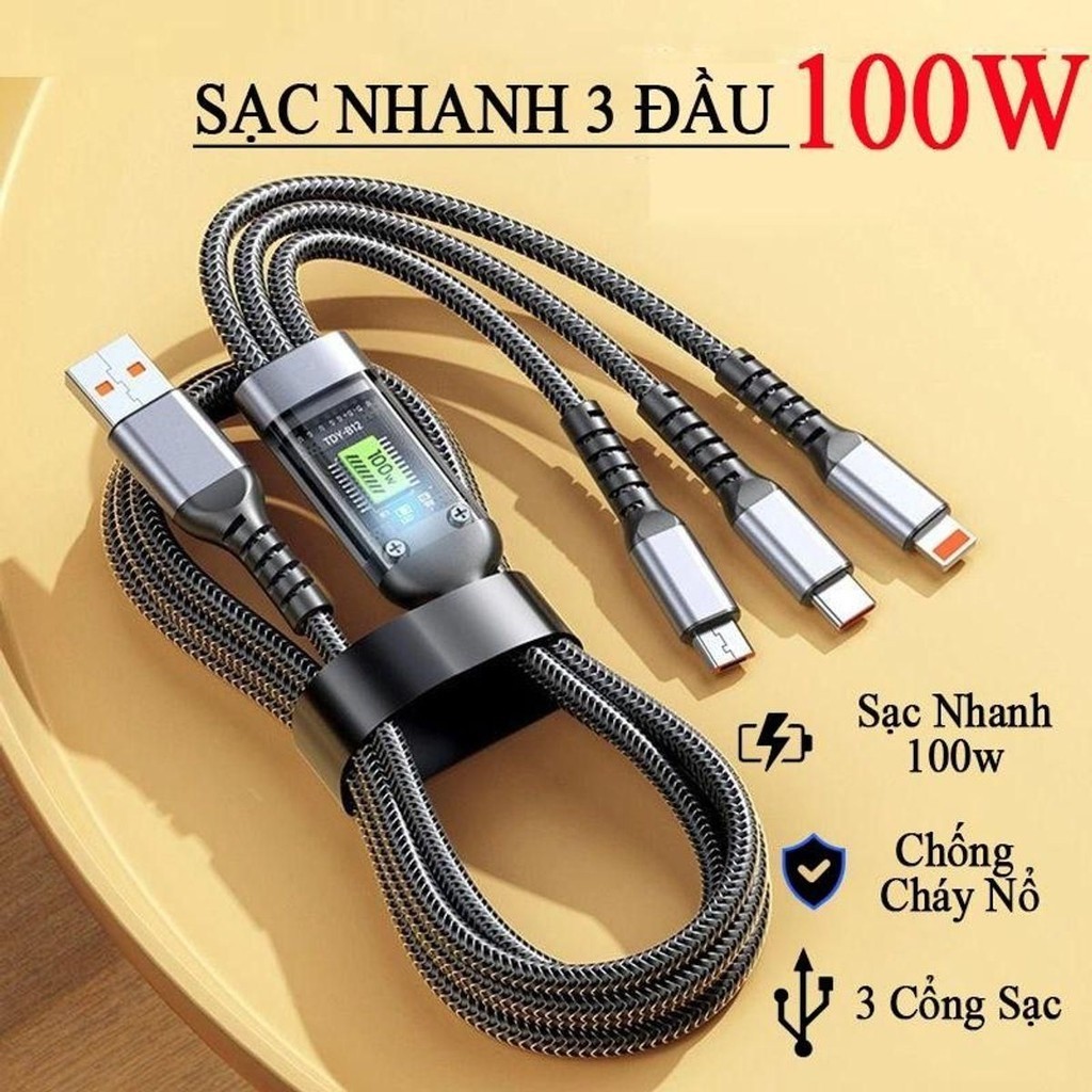 [Freeship] Dây Cáp Sạc Nhanh 3 Đầu 100W Dài 1m2 Hỗ Trợ Sạc Nhanh 3 Trong 1 Chống Đứt Chống Rối