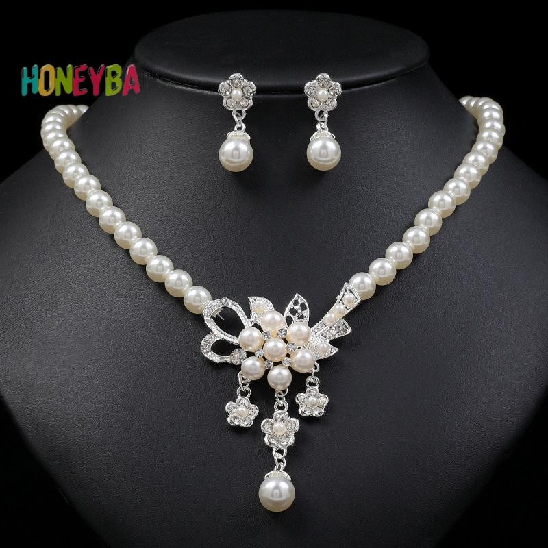 < Honeyba > 1 Bộ Vòng Cổ Nữ Đính Hạt Bóng Ngọc Trai Giả Kim Cương Giả Nhúng Vòng Cổ Hoa Bông Tai Bộ