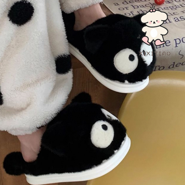 Xixitiao Giày Cotton Xấu Xí Dễ Thương Mắt To Nhỏ Mèo Đen Nữ Lông Cừu Ấm Nhà Nửa Gót Đế Mềm Lông