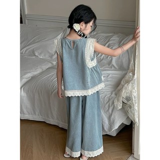 Set áo ba lỗ denim + quần ống rộng bé gái – Chất mềm mát, phong cách Hàn Quốc cá tính mùa hè
