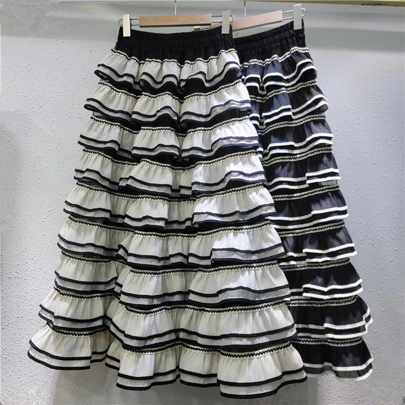 Màu Sắc Tương Phản Bên Gạc Bánh Váy Ngọt Pháp Chữ a Pettiskirt Eo Cao Ôm Hơn Nhìn Bao Đáy Váy Giữa Chiều Dài