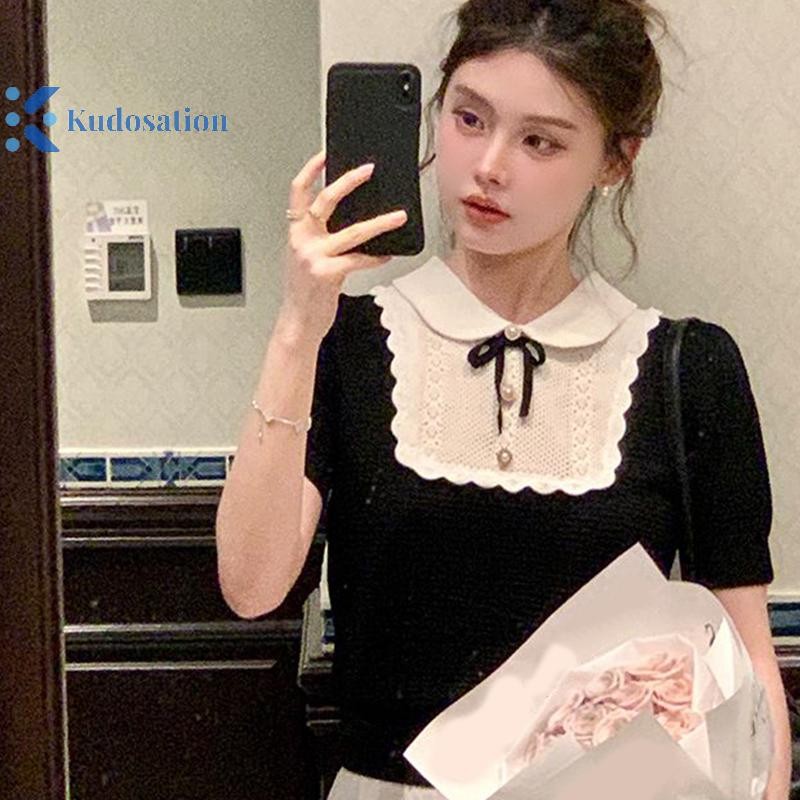 Kudosation Pháp Nơ Ngọt Ngào Cổ Búp Bê Tay Ngắn Chắp Vá Rỗng Cổ Dệt Kim Áo Thun Nữ Đẹp