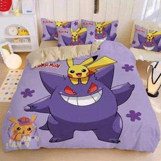 G13 Pokemon Pikachu Psyduck 4IN1 Ga trải giường Vỏ chăn gối Bộ chăn ga gối Bộ đồ giường Phòng ngủ gia đình Bộ đồ có thể giặt được G13