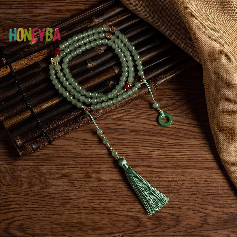 < Honeyba > Vòng cổ hạt xanh dài phong cách Trung Quốc Phật giáo Thiền pha lê xanh Vòng cổ dài sel Chokers Trang sức Quà tặng