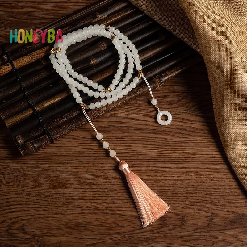 < Honeyba > Vòng cổ hạt xanh dài phong cách Trung Quốc Phật giáo Thiền pha lê xanh Vòng cổ dài sel Chokers Trang sức Quà tặng