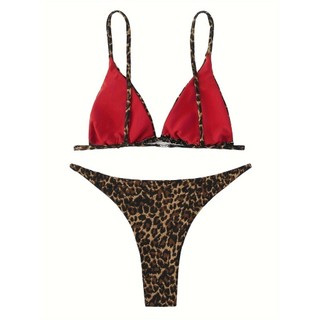 Đồ bơi nữ Tam giác da báo cổ chữ V hai mảnh Bikini Đồ bơi