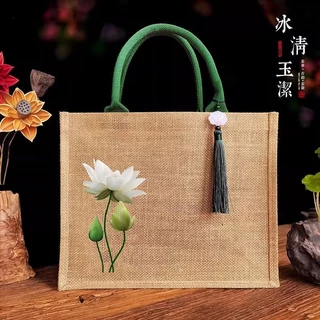 Túi Tote vải lanh họa tiết in hoa sen cổ