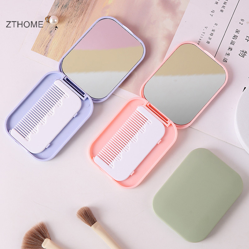 Zthome Gương Nhỏ Lược Bộ Màu Trơn Thời Trang Di Động Gấp Gương Trang Điểm Có Lược Cho Bé Gái Quà Tặng Dụng Cụ Trang Điểm Vanity Miror HOT