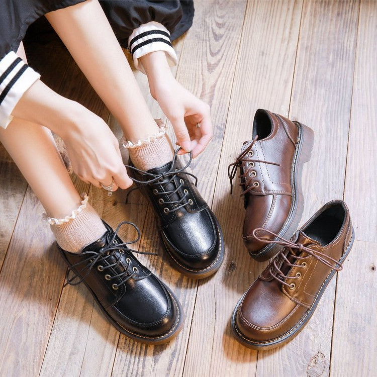 Preppy Phong Cách Retro Ren-Up Giày Da Nhỏ Xuân Thu Phong Cách Hồng Kông Phù Hợp Với Mary Jane Giày Đen Nhật Bản jk Giày Nữ