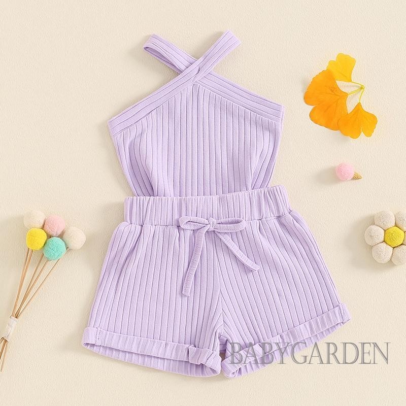 Baga-6 tháng-4year Bé Gái Mùa Hè 2 Bộ Màu Trơn Không Tay Chữ Thập Áo + Quần Short