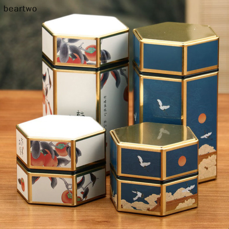 < Beartwo > Ấm trà hình lục giác sáng tạo Hộp thiếc Trung Quốc Hộp đựng trà di động kín Hộp trà rỗng Bộ trà Phụ kiện đẹp