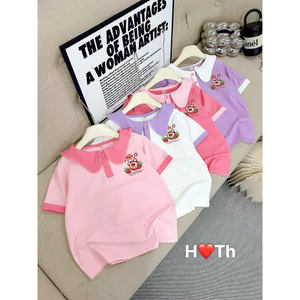 áo polo bé gái gấu dâu siêu xinh hàn quốc cao cấp 13-35kg. áo phông có cổ bé gáí, áo thun đi học bé gái