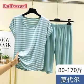 Phụ Nữ Sọc Bộ Rời Mỏng Kích Thước Lớn Thủy Thủ Đoàn Cổ Bộ Đồ Ngủ Mùa Hè Áo Thun Không Tay Quần Bộ