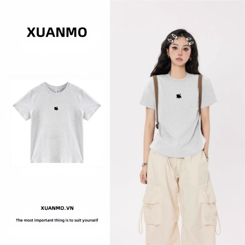 XUANMO Local brand Áo baby tee Áo Thun ôm body Áo y2k cotton Thời trang phong cách Hàn Quốc in hoa cổ tròn tay ngắn mặc trong thời trang giản dị Áo Thun Nữ