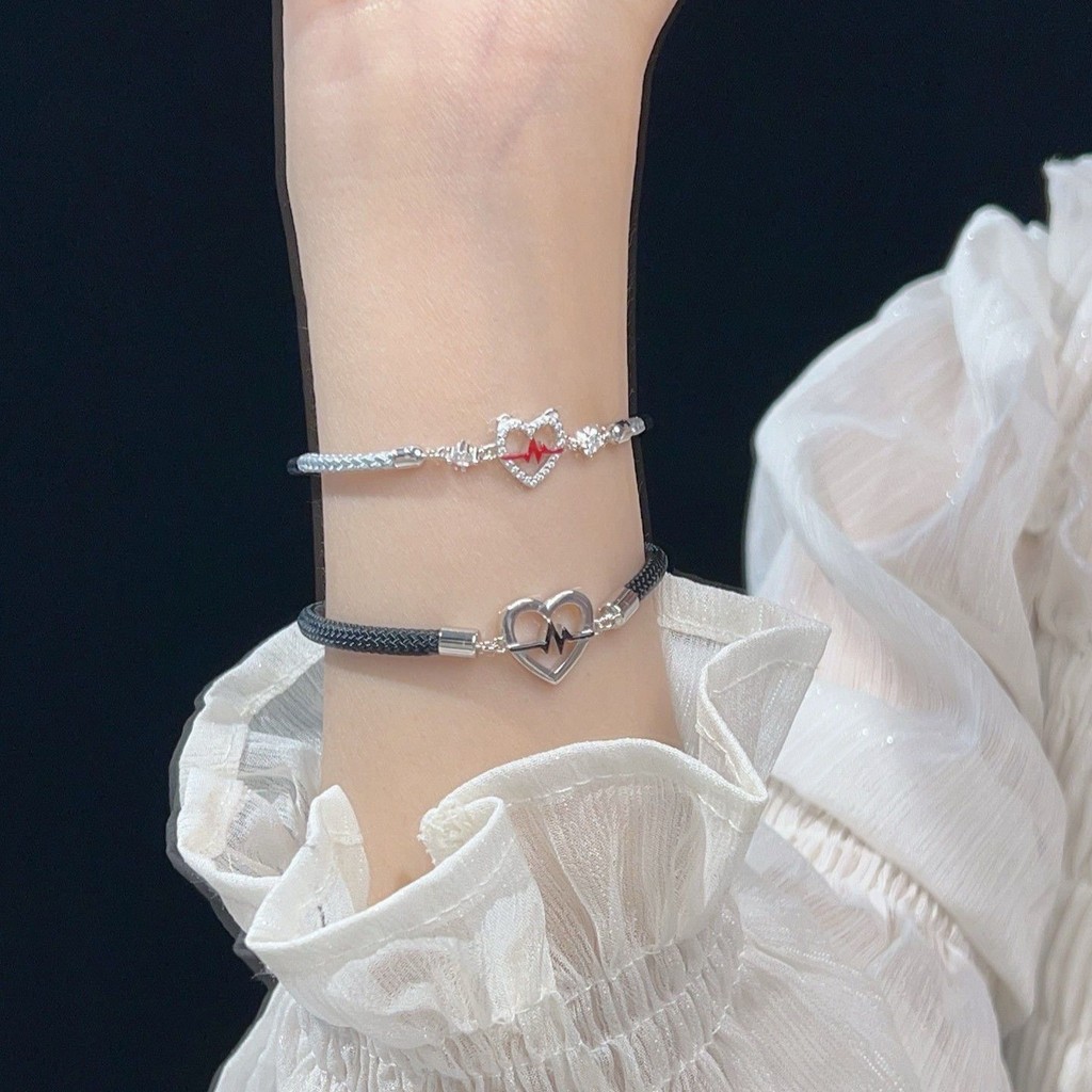 Vòng tay cặp đôi tín hiệu nhịp tim bạc unisex khắc niche sang trọng nhẹ nhàng quà tặng Valentine cho bạn trai hoặc bạn gái KZR6