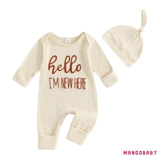 MG-Baby Boy Ribbed Romper Bộ áo liền quần dài tay thêu chữ thường ngày và bộ mũ cho trẻ sơ sinh Trang phục mùa thu cho trẻ mới biết đi