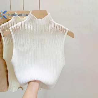 Kudosation Mùa Hè Hàn Quốc Nửa Cổ Rùa Rỗng Dệt Kim Áo Vest Nữ Màu Trơn Không Tay Slim Tank Top Đẹp