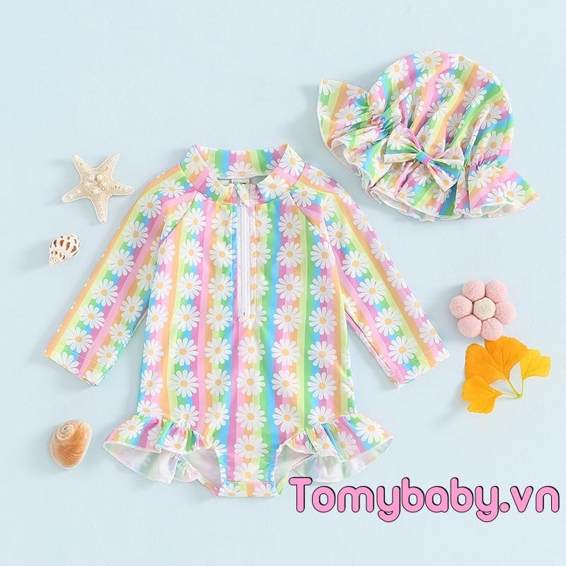 Bộ Đồ Bơi Bé Gái Zip Lên Cổ Tròn Tay Dài Rash Guard Đồ Bơi Hoa + Nơ Mũ Chống Nắng Tắm Bộ Trang Phục