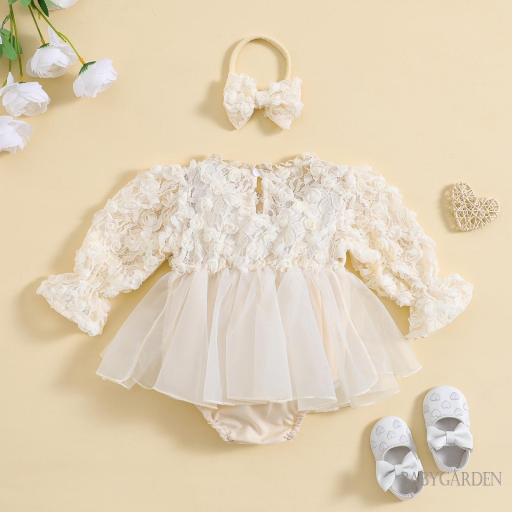 Baga-baby Bé Gái Mùa Thu Áo Liền Quần Dài Tay Ren Hoa Tulle Chắp Vá Công Chúa Trẻ Sơ Sinh Romper Có Băng Đô