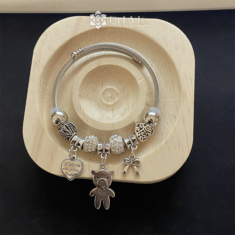 Qrhyk Cổ Đính Hạt Charm Vòng Tay Gấu Mặt Dây Chuyền Trái Tim Tình Yêu Có Thể Điều Chỉnh Vòng Tay Nữ DIY Trang Sức Quà Tặng Mới