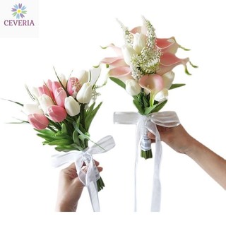 Bó hoa cưới cầm tay cô dâu nhân tạo cao su non mẫu Rum và tulip